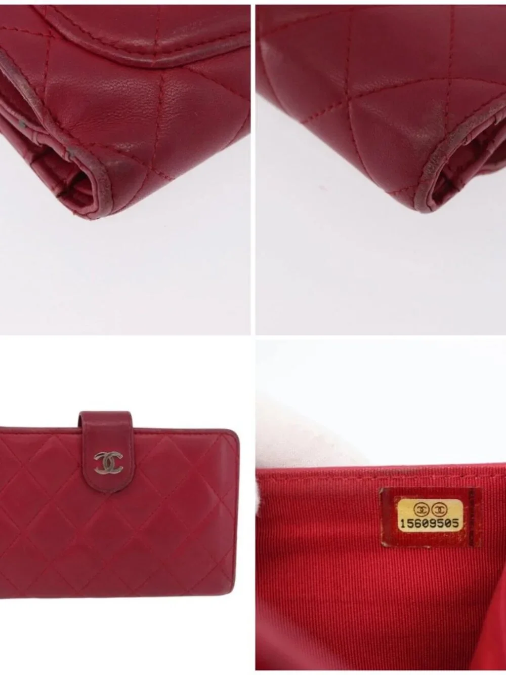 CHANEL Matelasse Bifold Wallet Lamb Skin Red Silver CC Auth YKZ104